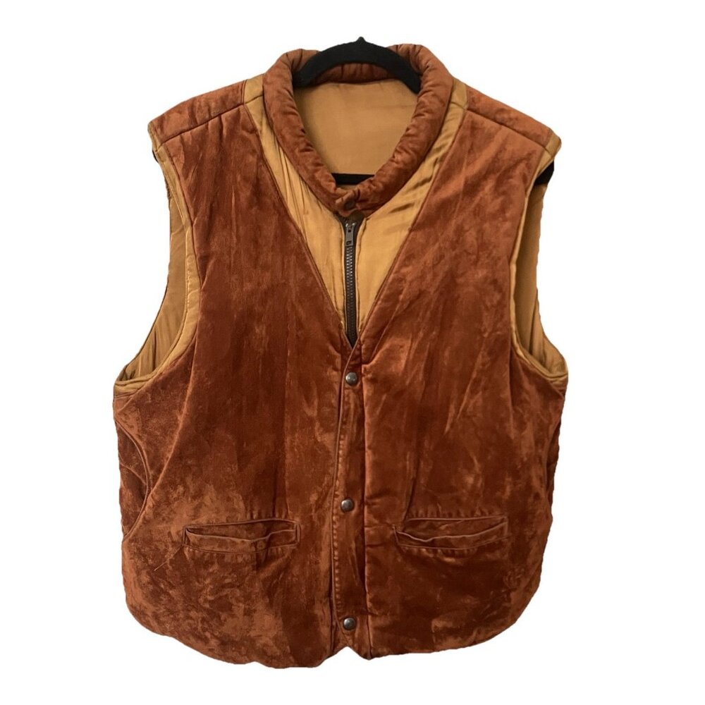 Vintage Brown Velvet Puffer Vest 80s 90s Full Zip Snap‎ Faux Suede Apres Ski